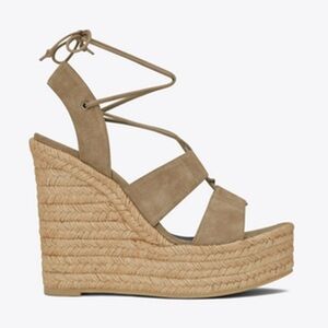 Saint Laurent Platform Espadrille Wedge Sandal Heels Ankle Wrap Tan Suede 38.5